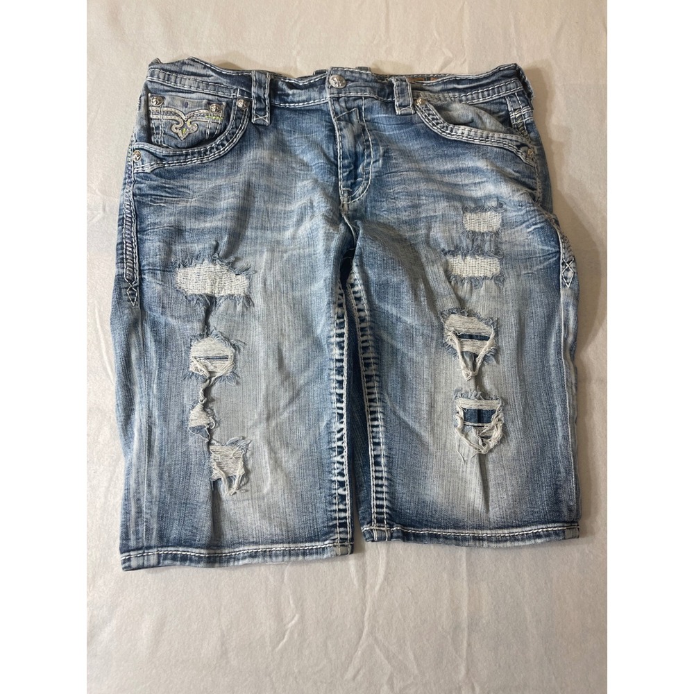 Rock Revival Jack Short Mens 38 Blue Denim Shorts Excellent Distressed Y2K
